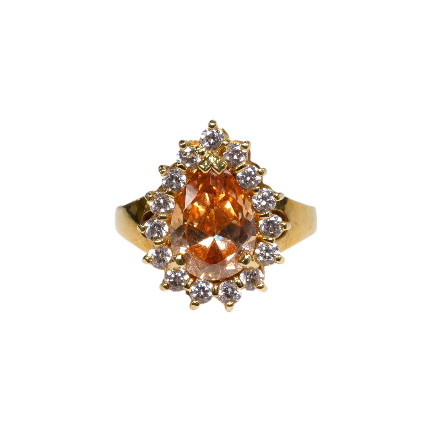 A 14k and simulated diamond set pear shaped cluster ring, size N, gross weight 3.8 grams. Condition - fair to good